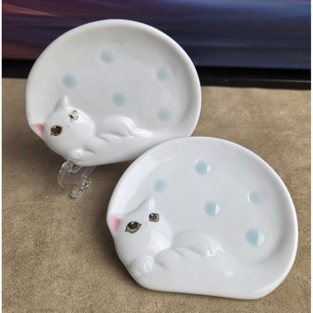 Porcelain Cat Dishes, Used for Tea Bags, Adorable, Kitten, Blue & White